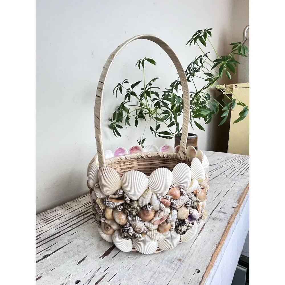 Vintage Nautical Coastal Shell Encrusted Decorative Handled Basket / Beach Home